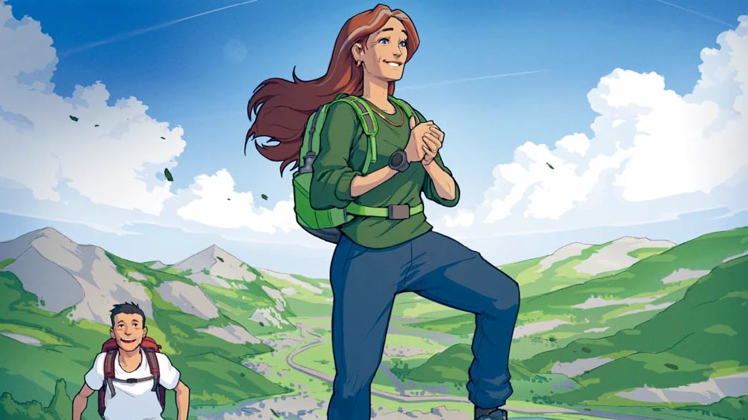 Fumetto: una donna in piedi su una montagna 