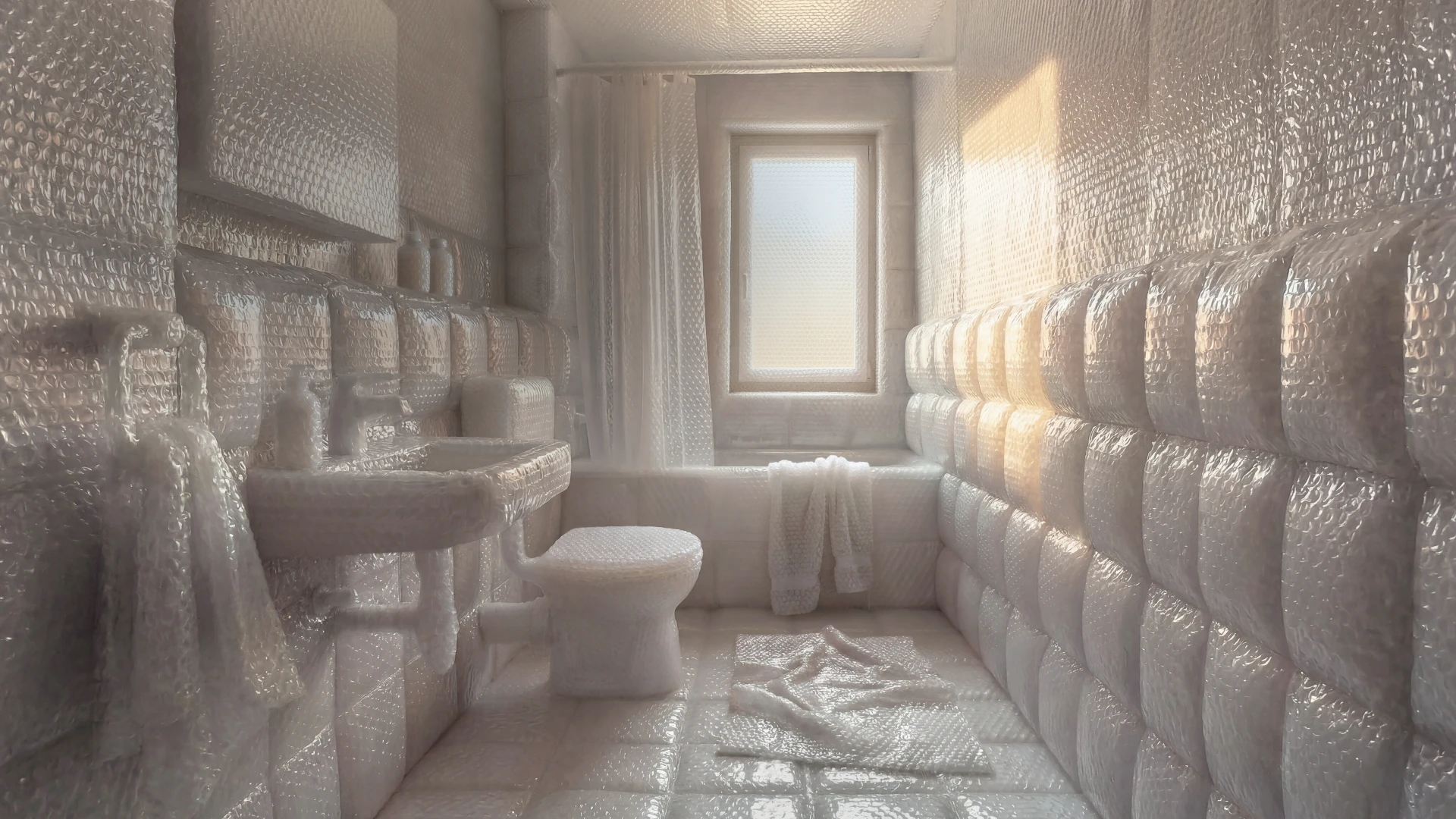Campagna osteoporosi Un bagno avvolto nella pellicola a bolle d’aria.